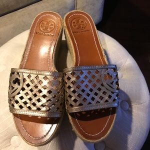 Tory Burch bronze wedges